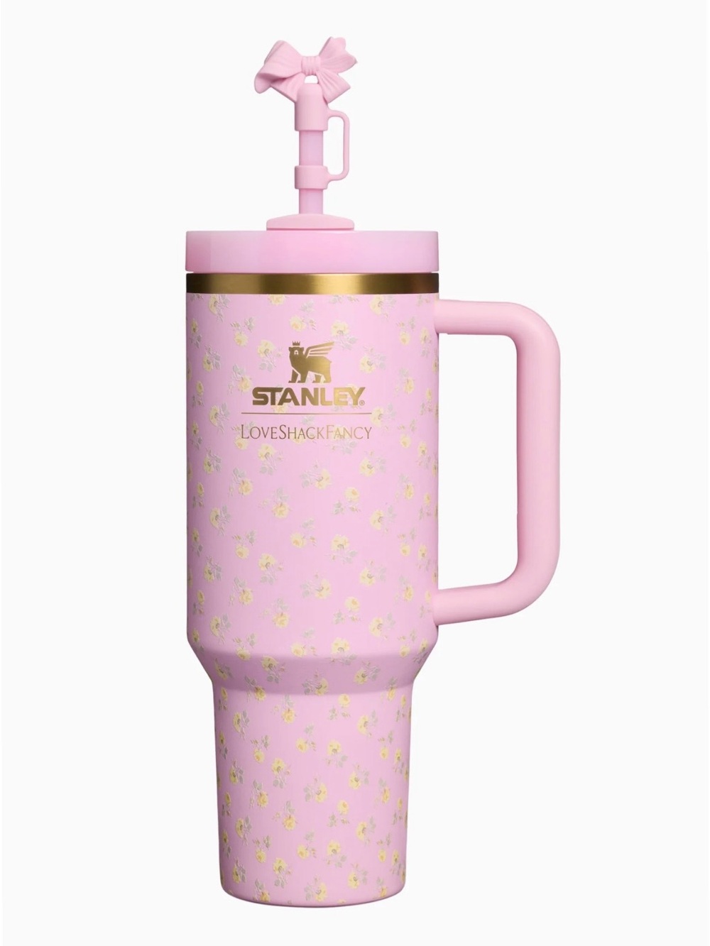 Stanley Pink Floral Tumbler with Handle and Gold Accents